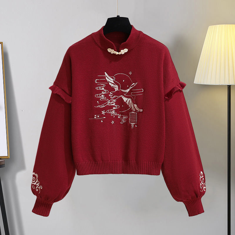 Casual Crane Embroideriy Sweater Hoodie Dragon Pattern Split Pants