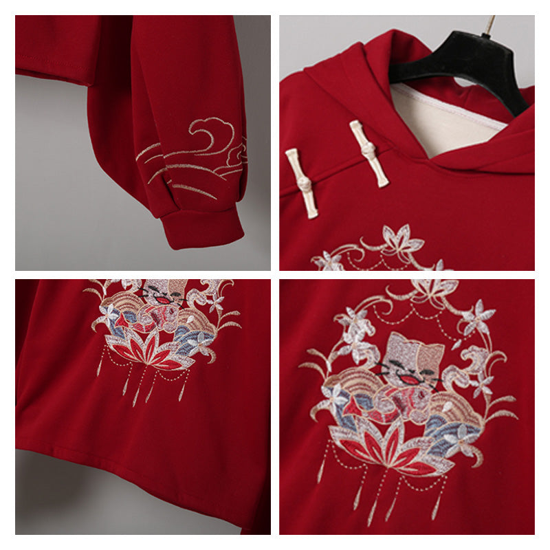 Sweat à capuche rouge vintage avec motif de dragon et pantalon fendu