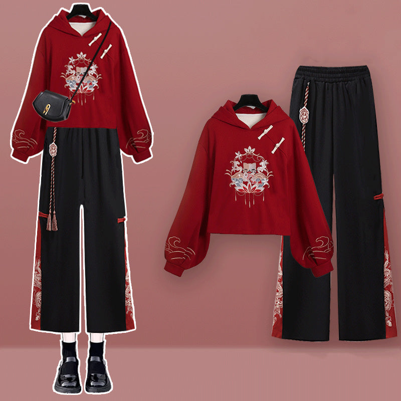 Red Vintage Crane Sweater Hoodie Dragon Pattern Split Pants