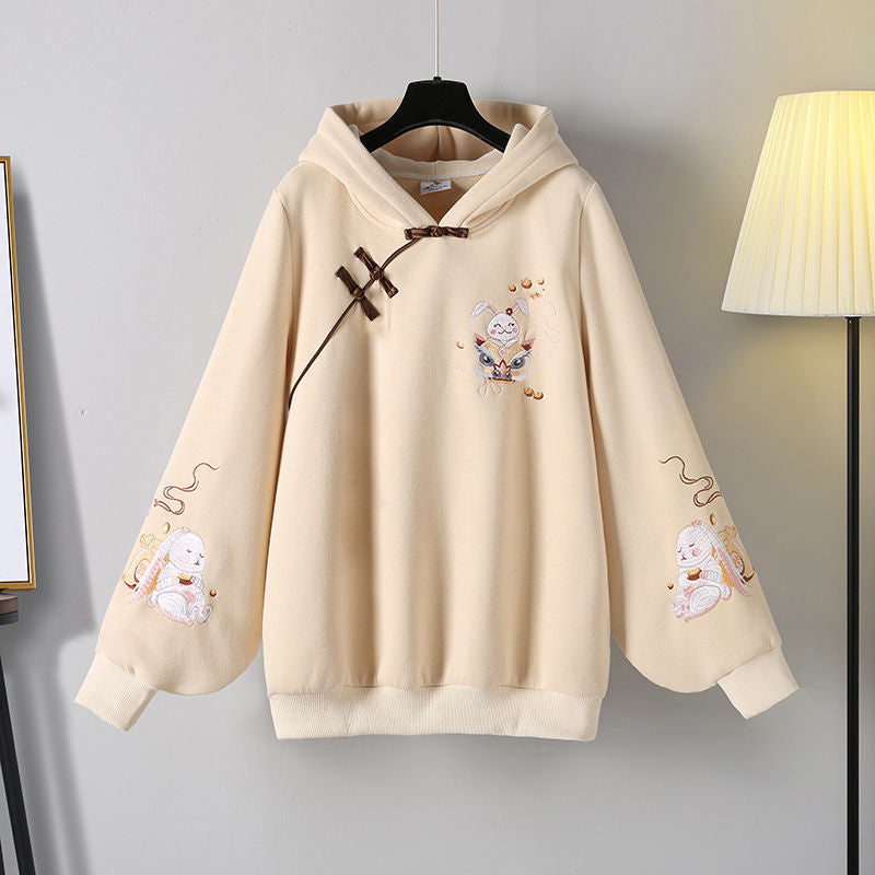 Casual Crane Embroideriy Sweater Hoodie Dragon Pattern Split Pants