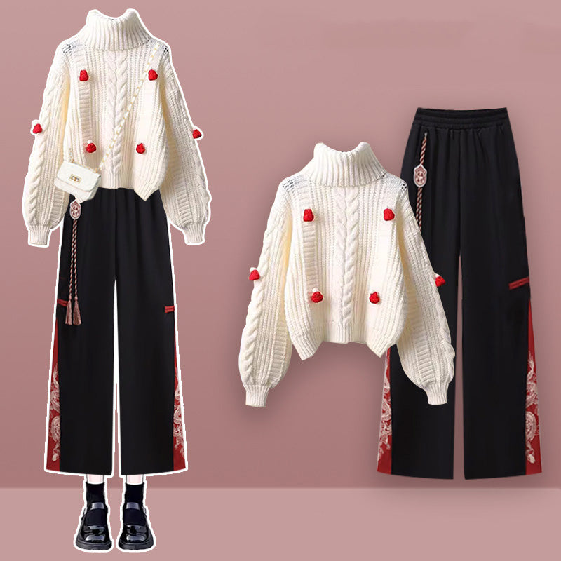 Turtleneck Knit Sweater Vintage Dragon Pattern Split Pants