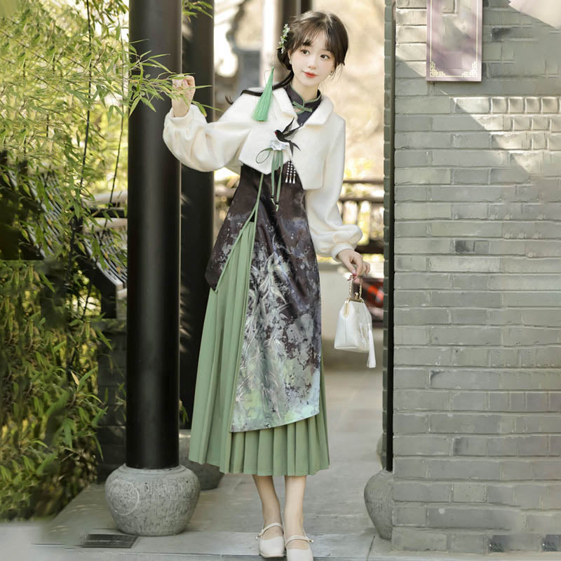 Elegant Bamboo Print Cheongsam Dress Pleated Skirt