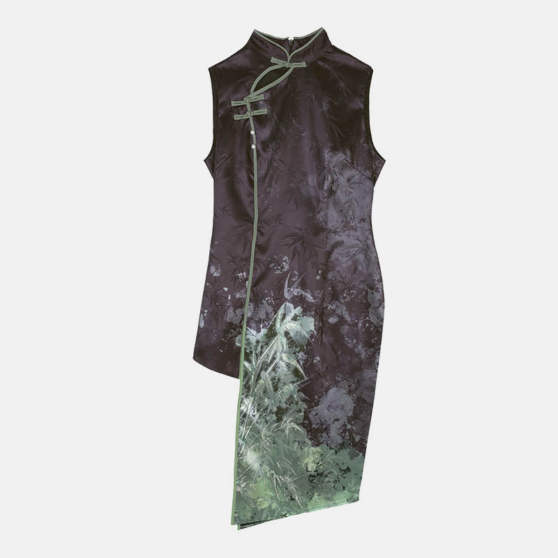 Elegantes Cheongsam-Kleid mit Bambus-Print und Faltenrock