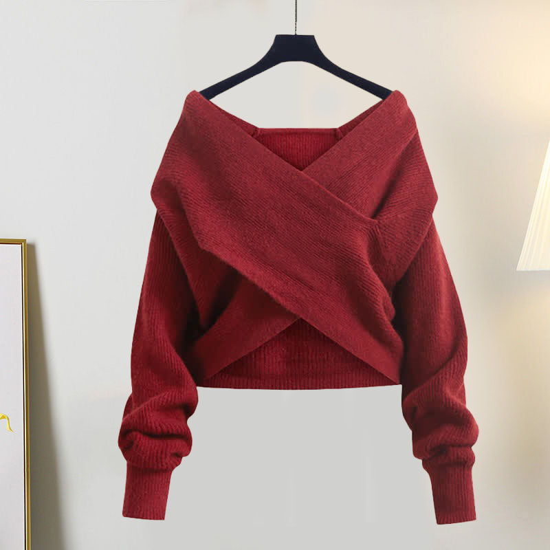 Pull en tricot croisé à imprimé vintage et jupe plissée à lacets