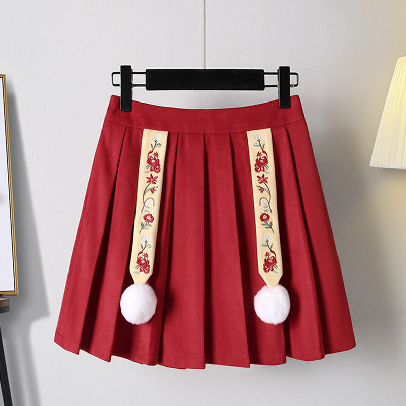 Red Flower Embroideried Hoodie High Waist Pleated Skirt