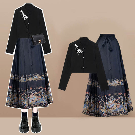 Buckle Skirt Embroideried Long Pleated Shirt Sleeve Vintage