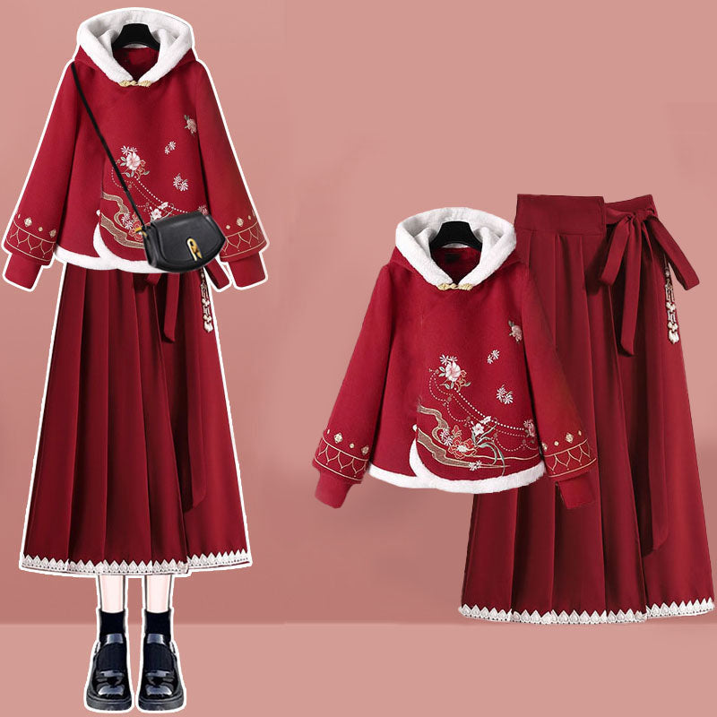 Red Flower Embroideried Hoodie High Waist Pleated Skirt