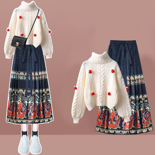 Turtleneck Knit Sweater Vintage Print Pleated Skirt