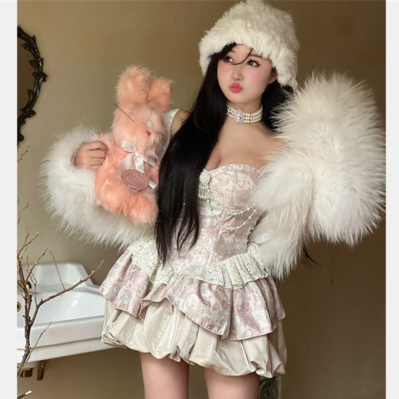 Elegant Princess Off The Shoulder Lace Pearl Deocr Mini Dress