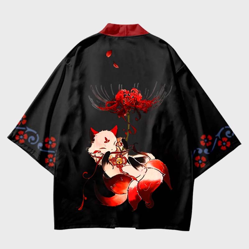 Kimono noir à fleurs vintage Fox Equinox