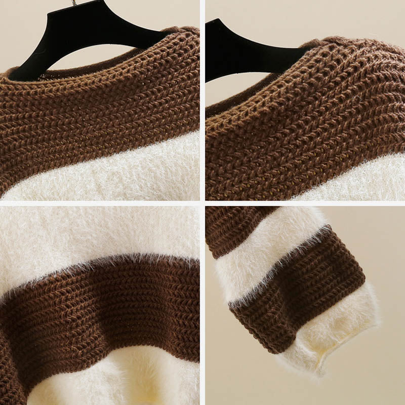 Brauner Pullover mit Farbblock-Streifen und Karomuster