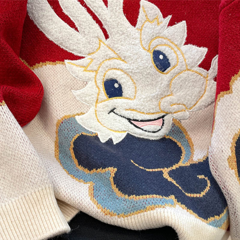 Long Sweater Lapel Red Vintage Dress Sleeve Dragon Knit