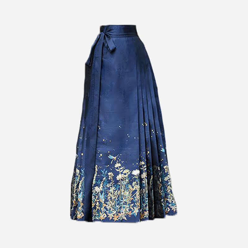 Jupe plissée à motif floral bleu vintage avec broderie