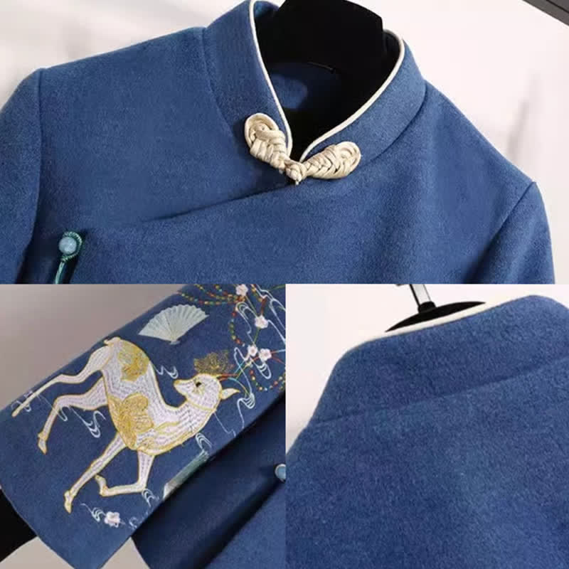 Jupe plissée à motif floral bleu vintage avec broderie