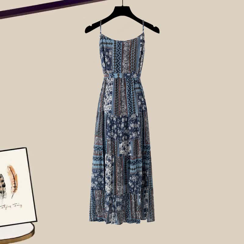 Boho-Kleid mit Häkel- und Aushöhlungsoberteil und Vintage-Blumendruck 