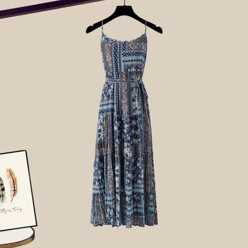 Boho-Kleid mit Häkel- und Aushöhlungsoberteil und Vintage-Blumendruck 