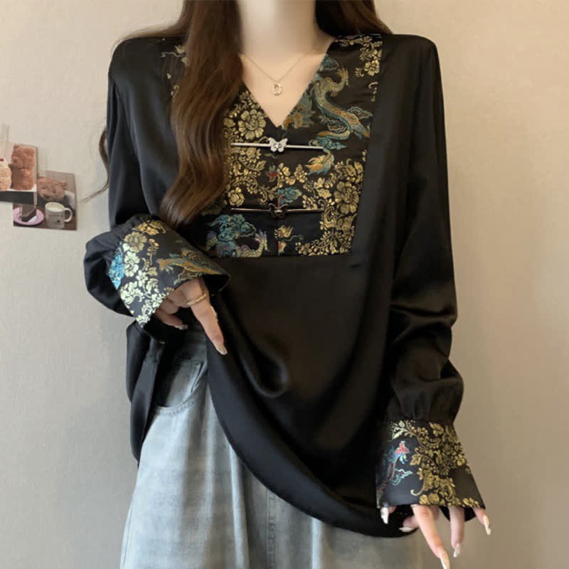 Vintage Dragon Buckle Long Sleeve V-neck Shirt