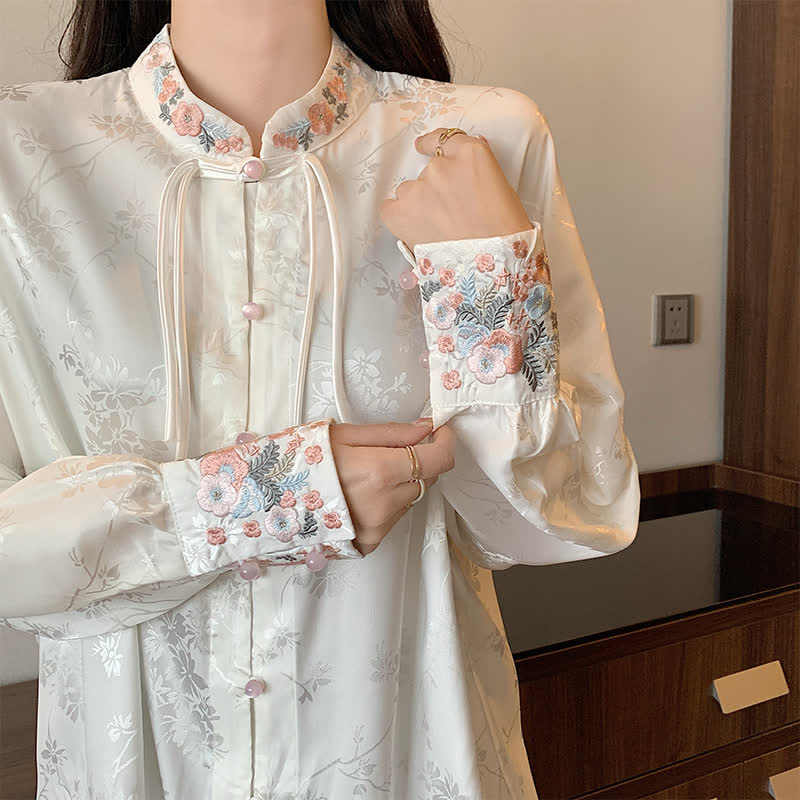 Chic Flower Embroidery Buckle Long Sleeve Shirt