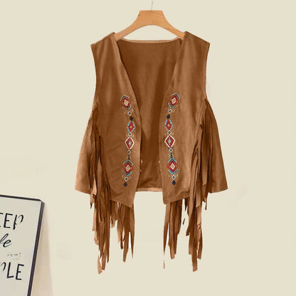Vest Fringed Shirt Dress Lapel Boho Embroidery Pleated