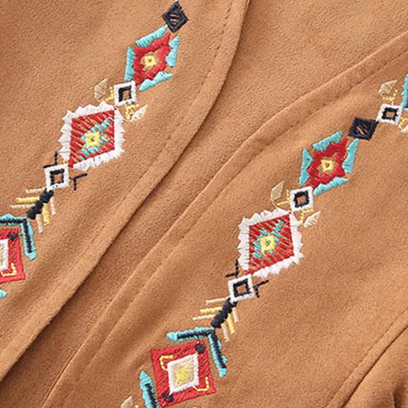 Vest Fringed Shirt Dress Lapel Boho Embroidery Pleated