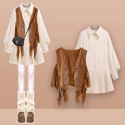Vest Fringed Shirt Dress Lapel Boho Embroidery Pleated