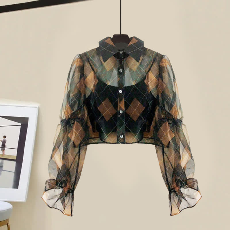 Print Slip Shirt Lapel Dress Fishtail Rhombus Tulle