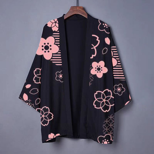 Cardigan kimono à imprimé floral rose vintage