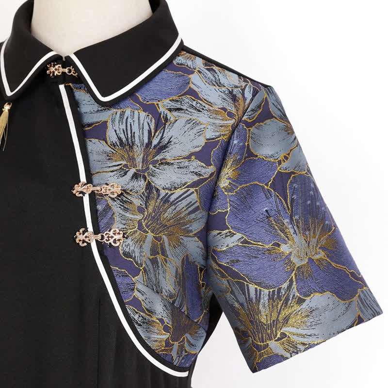 Dress Splice With Embroidery Vintage Button Lapel Irregular Belt Floral