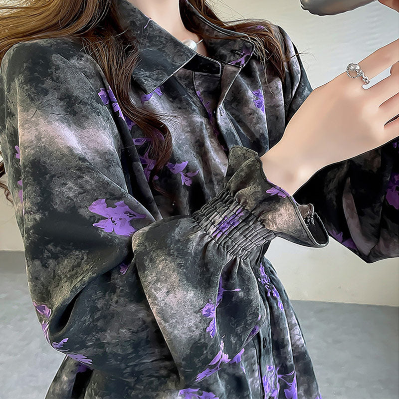 Vintage Purple Flowers Print Long Sleeve Shirt