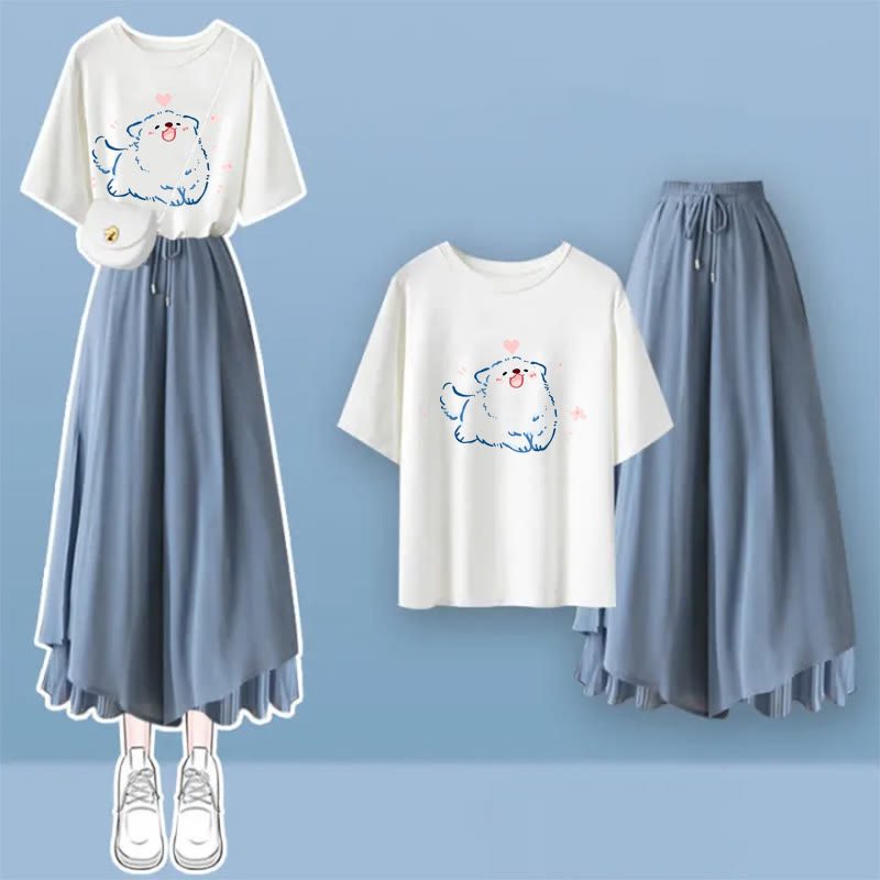 T-shirt imprimé lettre renard dessin animé jupe-pantalon bleue