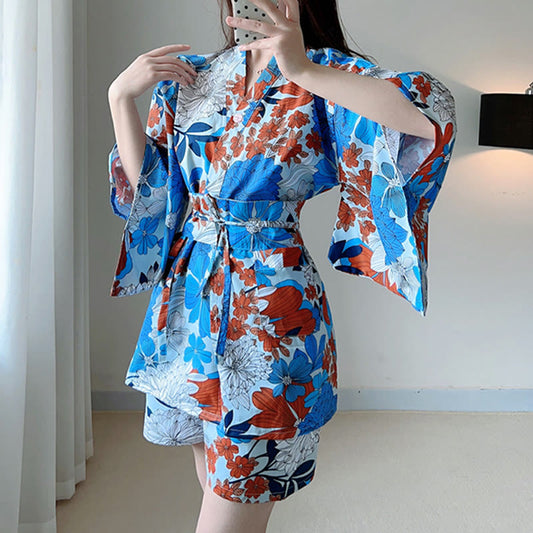 Pyjama imprimé fleurs rouges kimono bleu