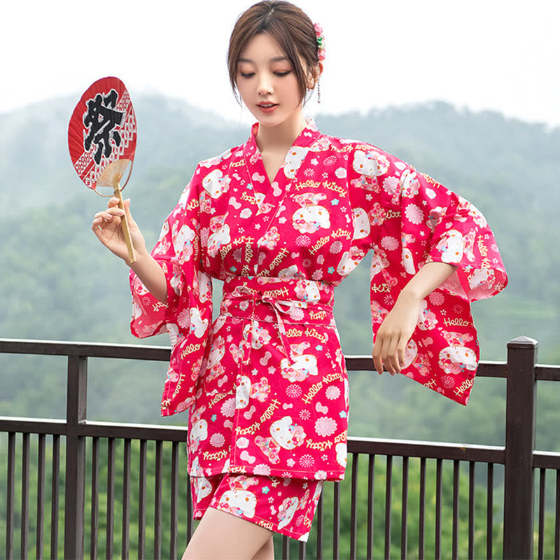 Cotton Kimono Kitty Print Couple Outfit Pajamas