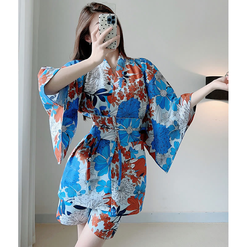 Blue Kimono Red Flowers Print Pajamas