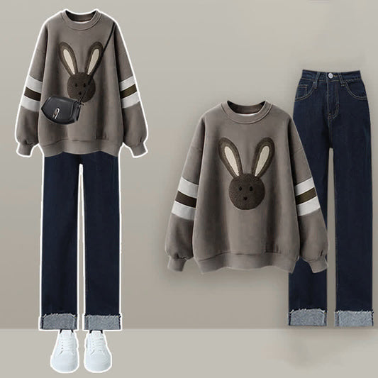 Sweat-shirt en peluche lapin gris Pantalon en jean retroussé