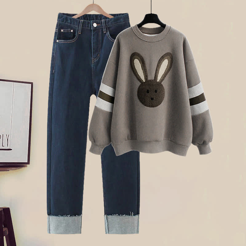 Grey Rabbit Plush Sweatshirt Roll Up Denim Pants