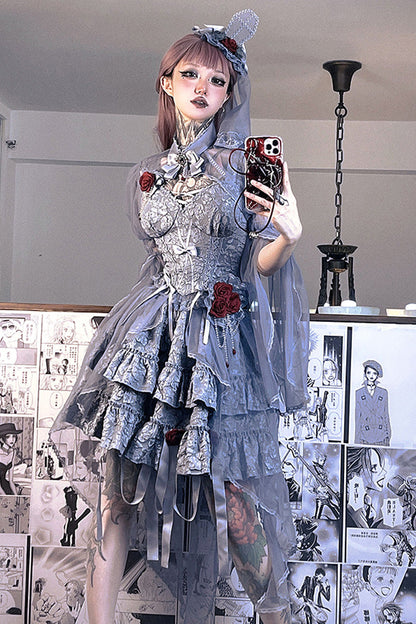 Weeping Rose Double-Layer Ruffle Embroidered Bow Lace Gothic Ballet Set