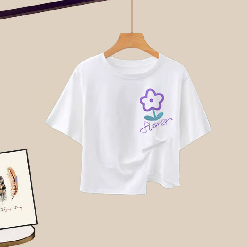 Unregelmäßiges Cartoon-Blumen-T-Shirt mit hoher Taille und lila Hose