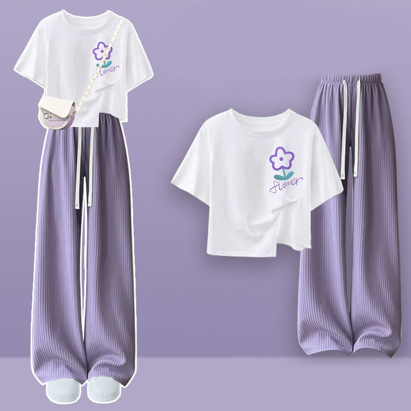 T-shirt à fleurs irrégulier à dessin animé, taille haute, pantalon violet