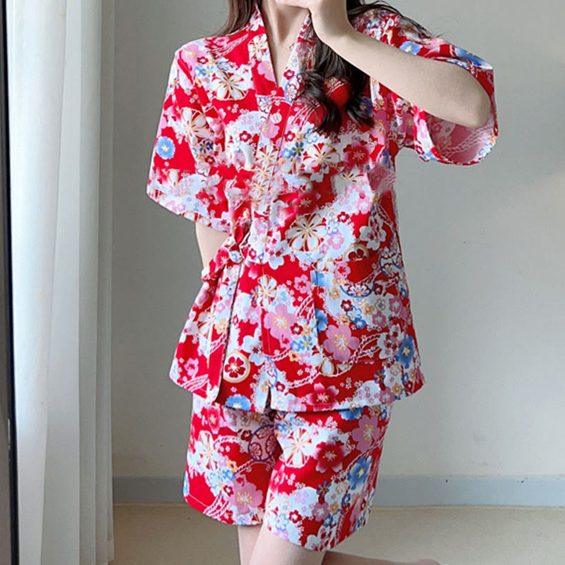 Colorful Floral Print T-Shirt Shorts Pajamas Set