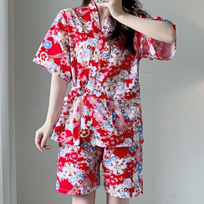 Colorful Floral Print T-Shirt Shorts Pajamas Set