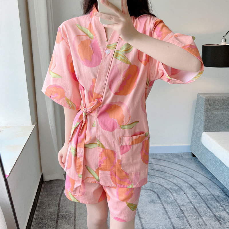 Ensemble pyjama kimono imprimé pêche rose