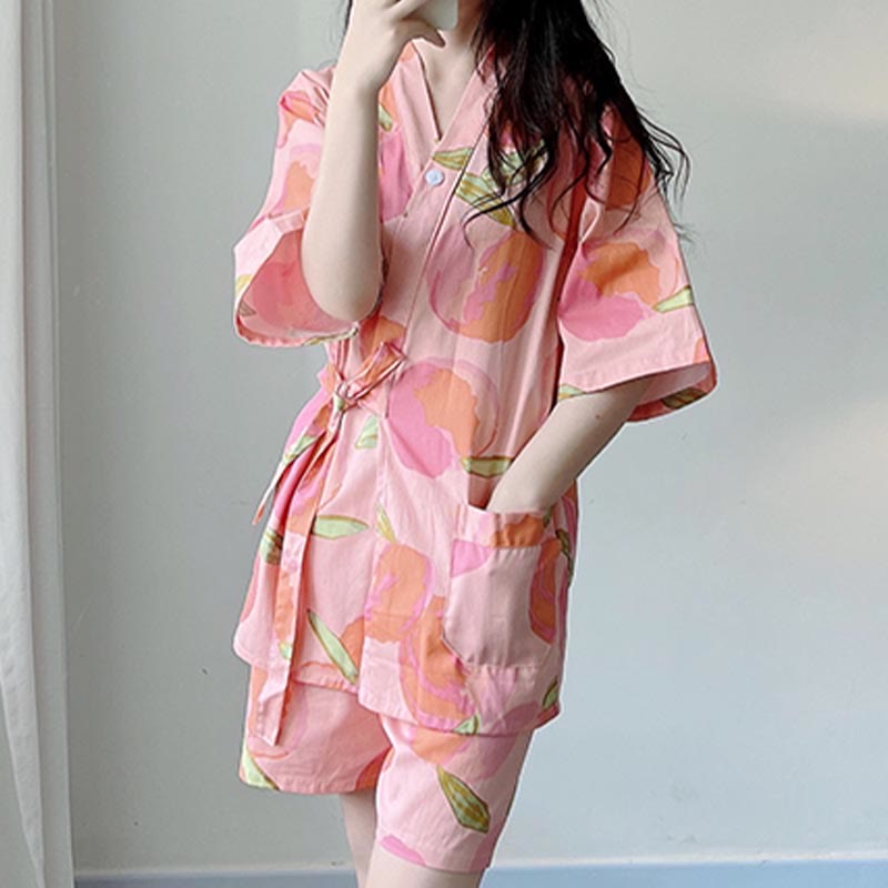 Ensemble pyjama kimono imprimé pêche rose