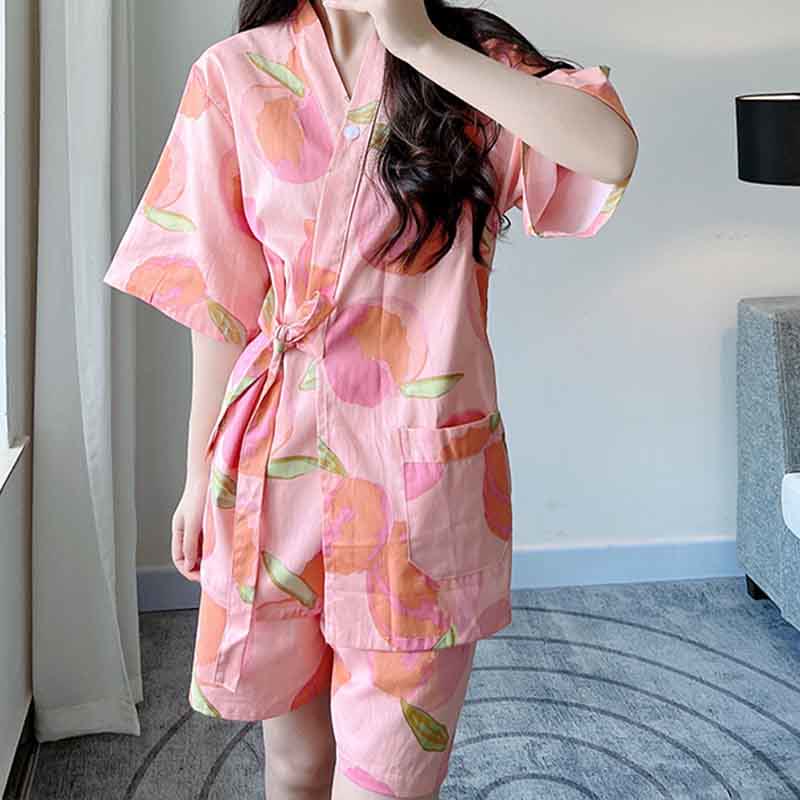 Ensemble pyjama kimono imprimé pêche rose