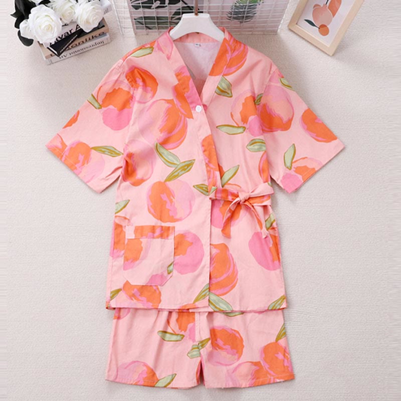 Ensemble pyjama kimono imprimé pêche rose