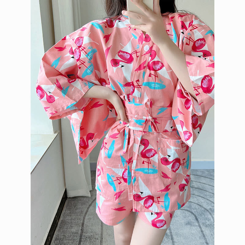 Cotton Flamingo Print Kimono Pajamas Set