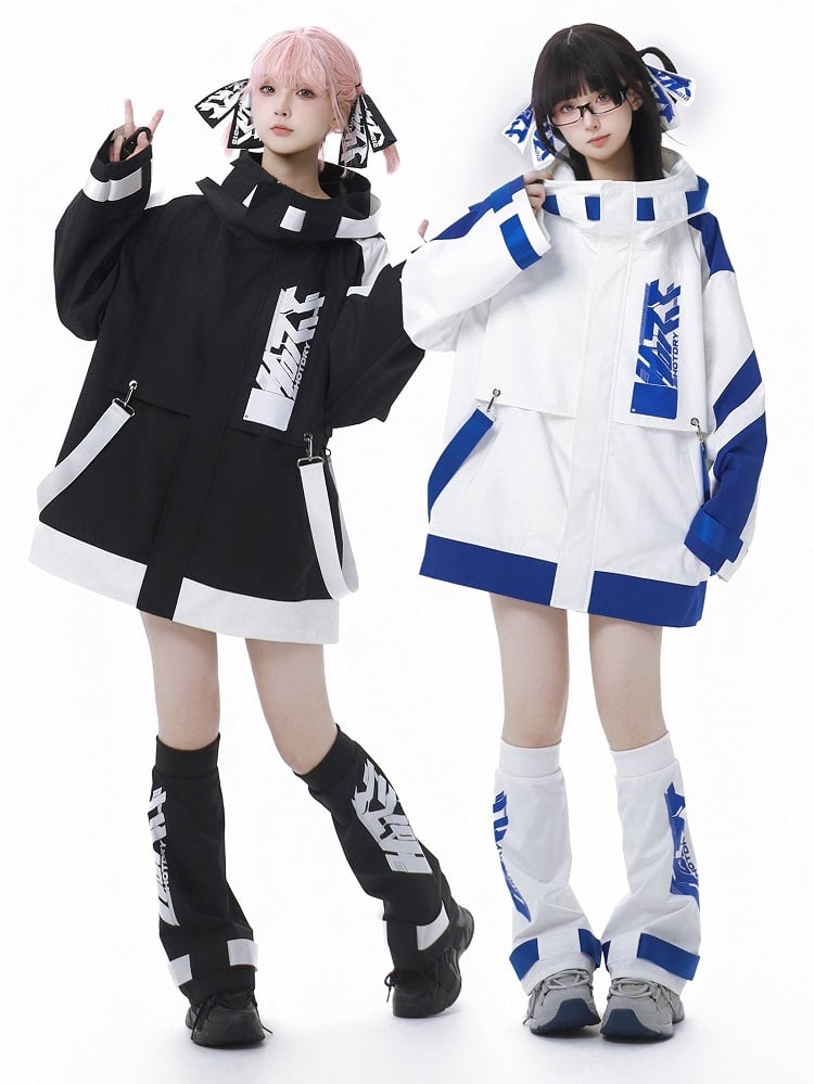 Black and White Jirai Kei Techwear Straps Hooded Windbreaker Jacket