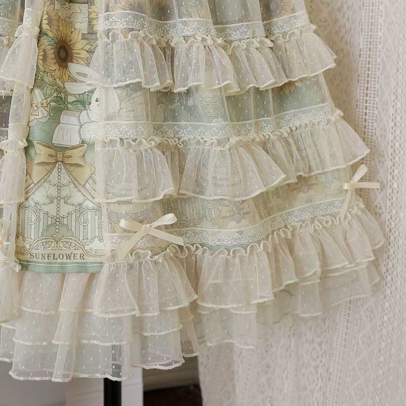 Elegantes Lolita-Unterkleid mit Schleife und Sonnenblumen-Hasen-Print