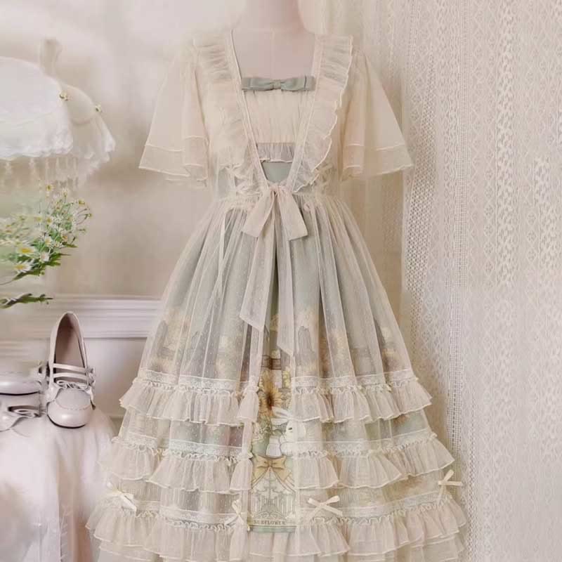 Elegantes Lolita-Unterkleid mit Schleife und Sonnenblumen-Hasen-Print