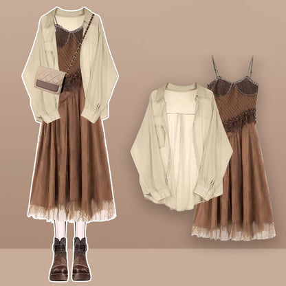 Brown Vintage Cardigan Suspender Dress Backless Hollow Coverup