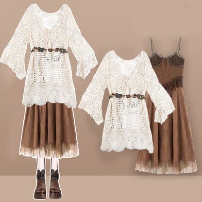 Brown Vintage Cardigan Suspender Dress Backless Hollow Coverup